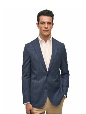 New Men's Wool Blend Navy Plaid Blazer by B by Brooks Brothers. Size 44S